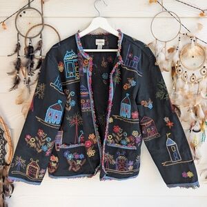 Chicos Embroidered Colorful Jacket Boho Artsy Granny Fringe Black Cotton Sz 3
